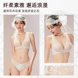 好奇蜜斯 蕾丝法式内衣女美背性感夏薄纯欲文胸罩套装无钢圈三角杯