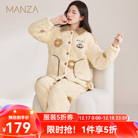 玛伦萨【三层夹棉】睡衣女冬季加厚加绒棉袄冬款可外穿保暖家居服套装 杏色 M【90-100斤】