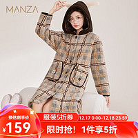 manza 玛伦萨 睡袍女冬季【三层夹棉 加绒加厚】连帽浴袍可外穿保暖家居服套装 杏格 M【建议90-100斤】