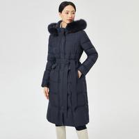 【保暖鸭绒】极简风毛领纯色中长直筒连帽羽绒服2024冬外套女