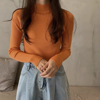 诗莉奥（SHILIAO）半高领长袖打底衫女秋冬2024内搭修身高级感针织中领上衣 半高领橘红 均码【适合80-140斤】