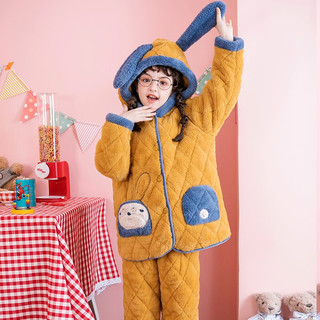 芬腾 儿童睡衣加厚三层夹棉冬季新款连帽保暖温暖可爱家居服睡衣 豆黄 120