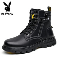 花花公子马丁靴男2024牛皮男靴中高帮男鞋耐磨增高时尚英伦工装靴子男 20107【加绒】黑色 45