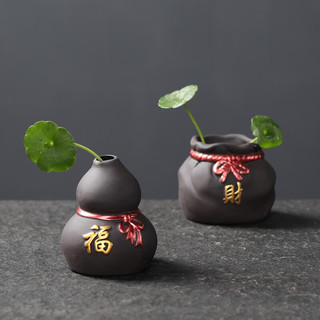 宇轩 指尖小茶宠紫砂紫创意泥彩绘花瓶迷你禅意小号五福花器摆件 单个指尖小花器--财