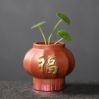 宇轩 指尖小茶宠紫砂紫创意泥彩绘花瓶迷你禅意小号五福花器摆件 单个指尖花器---灯笼有福--朱泥