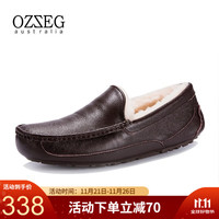 OZZEG澳洲真皮鞋面豆豆鞋男鞋冬季皮毛一体保暖休闲棉鞋牛皮加绒驾车鞋