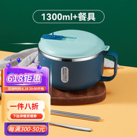 沃德百惠（WORTHBUY）日式泡面碗单人带盖饭碗304不锈钢宿舍用面碗汤碗食堂打饭盒 尼罗蓝-大号+餐具