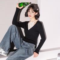 2024秋季设计感假两件撞色薄款毛衣时尚百搭显瘦套头上袖女