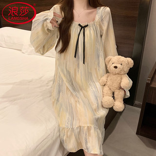 浪莎带胸垫睡裙女秋大码纯欲风家居服甜美少女可外穿长袖女士睡衣
