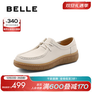 BeLLE 百丽 平底牛津鞋女2024秋季真皮舒适深口小皮鞋B2105CM4 米白 34