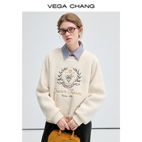 VEGA CHANG圆领卫衣女2024秋冬新款通勤学院风绣花羊羔毛套头上衣 奶油米
