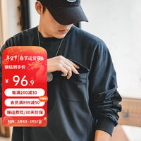 马登 MADEN工装 复古麂皮绒拼接贴布纯棉长袖T恤宽松落肩圆领卫衣男 深海蓝 S