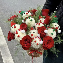 雪人宝宝 10朵乒乓菊搭红玫瑰