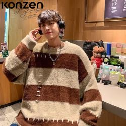 KONZEN 秋冬季复古毛衣圆领宽松情侣针织衫明线条纹设计感慵懒外套