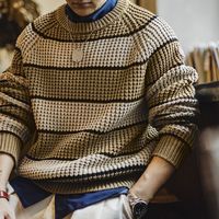 马登 MADEN工装 美式复古撞色菠萝条纹毛衣男秋季肌理感套头圆领打底针织衫 卡其色 L
