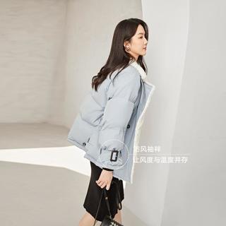 冬装鸭绒可调节袖袢毛绒外套保暖翻领中长款羽绒服