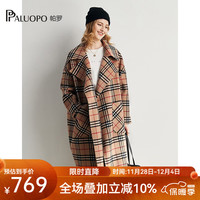 帕罗（PALUOPO）100%绵羊毛呢大衣双面外套格纹显瘦直筒阔版慵懒风女气质秋冬外搭 卡其 S/155/80A