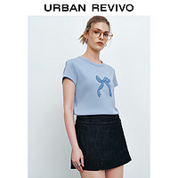 URBAN REVIVO UR2024秋季女装甜美钉珠蝴蝶结饰正肩短袖T恤UYU440011 天蓝 L