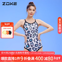 洲克(ZOKE)连体温泉泳衣女休闲显瘦舒适吊带运动训练竞技三角高胯专业游泳衣 豹纹花 L