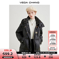 VEGA CHANG 连帽羽绒外套女中长款2024冬白鸭绒哑光皮面包服羽绒服  黑色中长款（寒冬区域） S