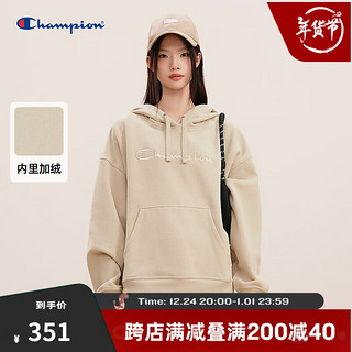 Champion 冠军连帽卫衣女2024秋季刺绣logo加绒上衣校园风潮牌 浅卡其色 XL