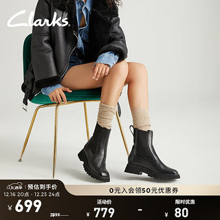 Clarks 潮思系列女鞋冬季经典复古英伦风粗跟方头切尔西靴中筒短靴 黑色 261747084 38