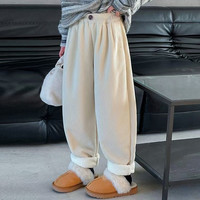 男童女童加绒冬季儿童一体绒休闲裤中大童加厚老爹裤510g左右 加绒裤--条纹