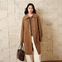 红棕色精致装饰扣细节中长款双面呢大衣女毛呢