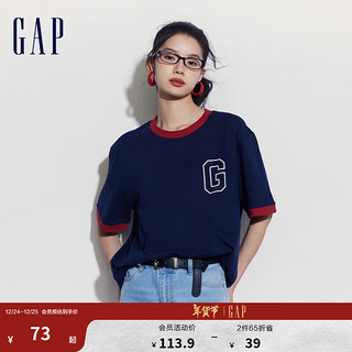 Gap 盖璞 男女装2024夏季纯棉logo撞色领袖口短袖T恤简约上衣502314 海军蓝 165/84A(XS) 亚洲尺码