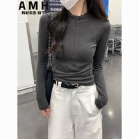 韩都衣舍AMH灰色半拉链立领德绒长袖打底衫秋冬季短款磨毛上衣女