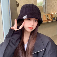 FOURDATRY秋冬帽子女渔夫帽日系针织盆帽纯色韩版时尚百搭毛线帽水桶帽 黑色