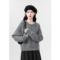 韩都衣舍DEQUANNA灰色圆领毛衣女秋冬2025韩版宽松插肩针织衫