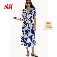 H&M 女装连衣裙2024夏腰部系带衬衫式连衣裙1233620 白色 170/116 XL