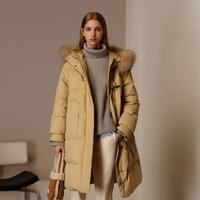 小熊秋冬款大毛领保暖中长款加厚羽绒服白色外套女