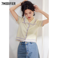 7M 2024年夏装针织衫短袖衬衫薄款修身撞色拼色polo领法式上衣