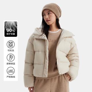 Gap 女装秋冬款印花logo立领连帽羽绒服简约纯色外套