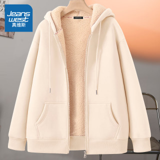 真维斯（Jeanswest）灰色加绒外套女2024秋冬加厚连帽卫衣小个子羊羔毛开衫 奶白色 2XL