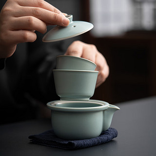 苏氏陶瓷（SUSHI CERAMICS）汝窑旅行茶具套装便携式快客杯陶瓷功夫茶具盖碗配两茶杯套装