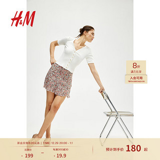 H&M 女装短裙2024夏季迷你喇叭半身裙1238416 浅粉色/花卉 170/88