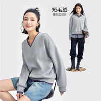 佐丹奴卫衣女秋冬加绒保暖时尚撞色边V领破骨套头衫18324222 10 花灰 S