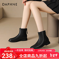 DAPHNE 达芙妮 牛剖层皮靴方头粗跟瘦瘦靴子女短靴女通勤出街时装靴 黑色单里 37