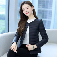 薇靡雅(WEIMIYA)轻薄短款小棉袄保暖无领内胆洋气丝棉秋冬女士外套 黑色 2XL【建议115-125斤】