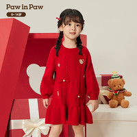 【圣诞系列】PawinPaw卡通小熊童装24年冬女童红色毛织连衣裙 Red红色/20