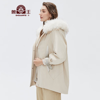 兽王皮草女 派克服女士中长款大貉子毛领可拆卸兔毛内胆外套绣花时尚 米白色 40(165/L)