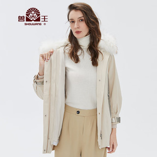 兽王皮草女 派克服女士中长款大貉子毛领可拆卸兔毛内胆外套绣花时尚 米白色 40(165/L)