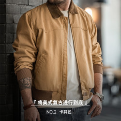 马登 工装复古重磅圣达菲纯棉水洗帆布夹克灯芯绒拼接翻领休闲外套男秋 卡其色
