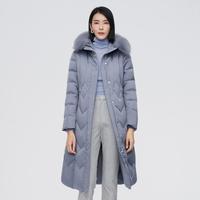 女式商务简约百搭长款连帽狐狸毛领鹅绒羽绒服