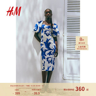 H&M 女士连衣裙2024夏灯笼袖连衣裙1238363 白色/蓝色图案 160/88 S