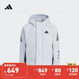 adidas 阿迪达斯 600蓬拒水防泼连帽保暖羽绒服男女小童儿童秋冬阿迪达斯 浅蓝 116CM