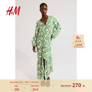 H&M 女装连衣裙2024夏季V领腰部系带绉织灯笼长袖长裙1226566 绿色/图案 165/96